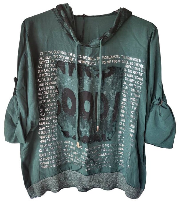 Shirt grün mit silber Schrift, Gr. 38 - 42, 1x verfügbar