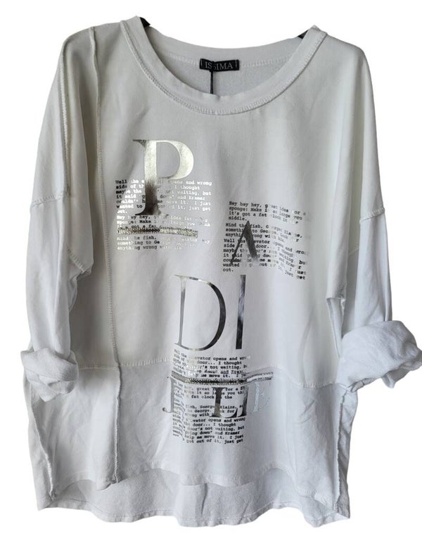 Pullover weiss "silber Schrift", Gr. 38 - 42, 1x verfügbar
