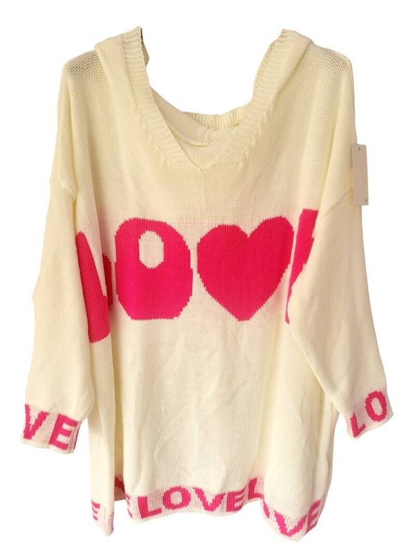 Pullover cremeweiss mit Kapuze "LOVE", Gr. 46 - 50, 1x verfügbar