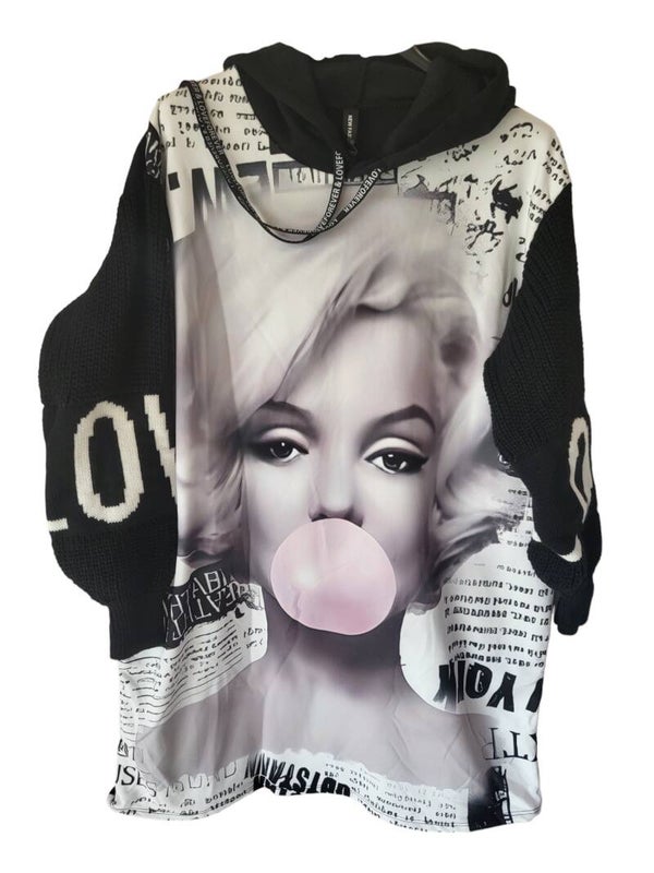 Longpullover schwarz/weiss "Marilyn mit Kaugummi", Gr. 38 - 42/44, 1x verfügbar
