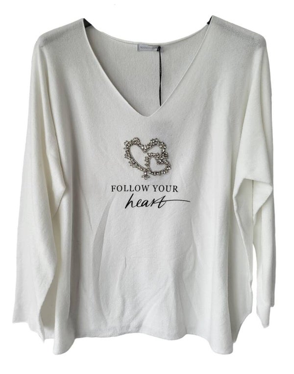 Pullover weiss "Follow your heart", Gr. 40 - 44, 2x verfügbar