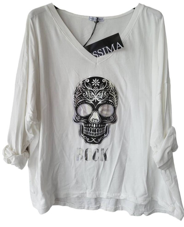 Langarmshirt weiss "Skull - ROCK", Gr. 40 - 44, 1x verfügbar