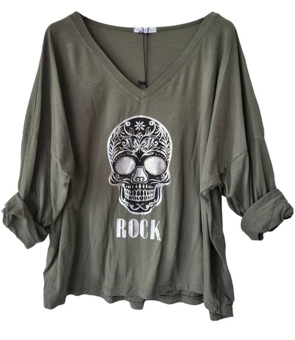 Langarmshirt militär grün "Skull - ROCK", Gr. 40 - 44, 1x verfügbar