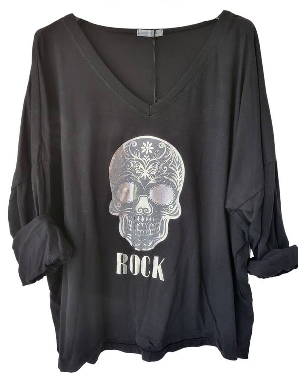 Langarmshirt schwarz "Skull - ROCK", Gr. 40 - 44, 1x verfügbar
