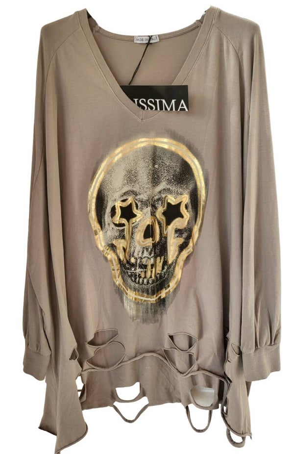 Langarmshirt beige "Skull", Gr. 42 - 46, 2x verfügbar