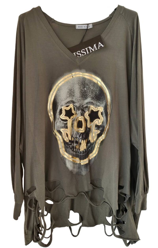 Langarmshirt militär grün "Skull", Gr. 42 - 46, 2x verfügbar