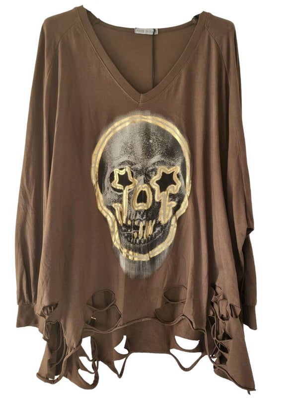 Langarmshirt schokolade "Skull", Gr. 42 - 46, 1x verfügbar