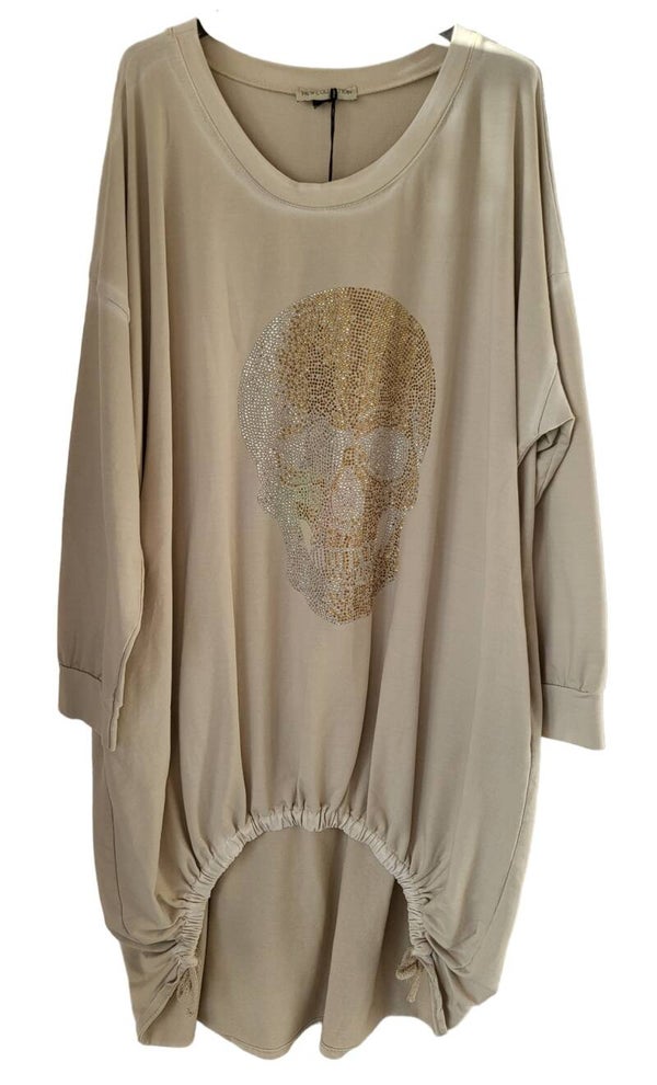 Longpullover XXL beige mit Totenkopf, Gr. 44 - 48 - 1x verfügbar