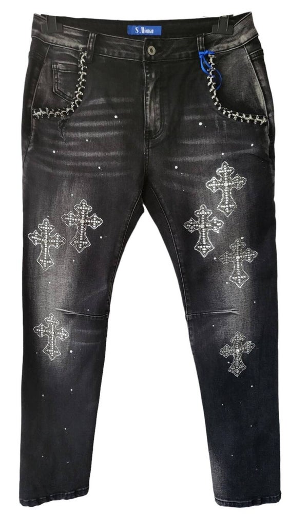 Stretchjeans "Kreuz" mit weissen Punkten, Gr. L (42/44), 1x verfügbar