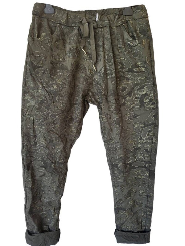 Stretchhosen glitzer khaki, Gr. 38 - 42/44, 1x verfügbar
