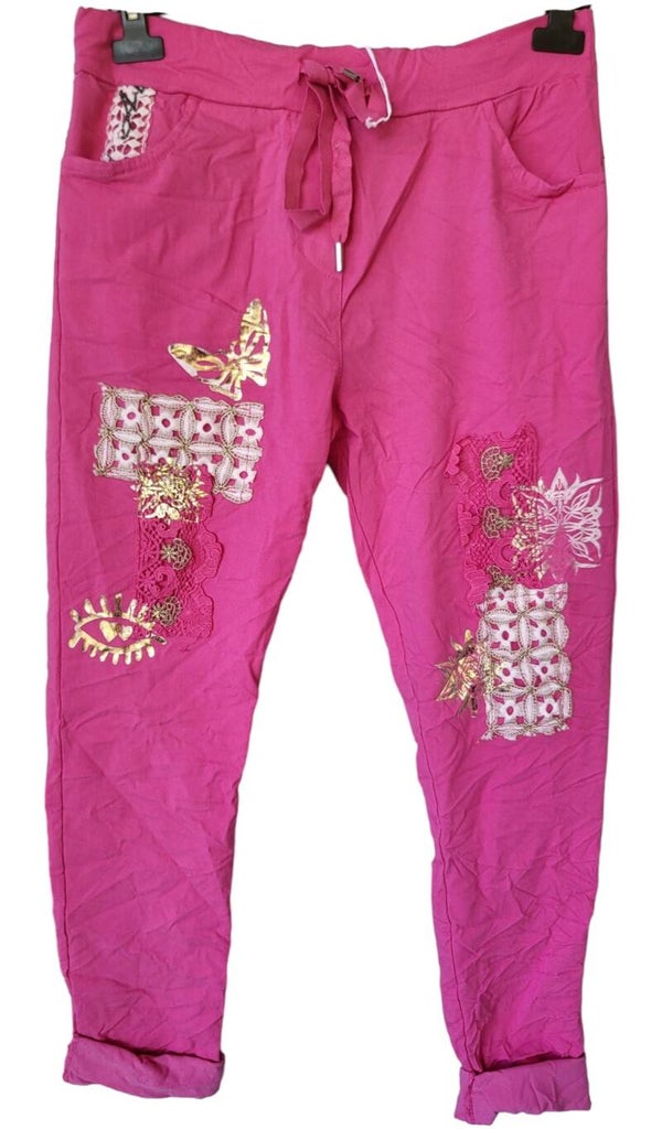 Stretchhose pink mit Schmetterlingen goldig, Gr. 38 - 42, 1x verfügbar