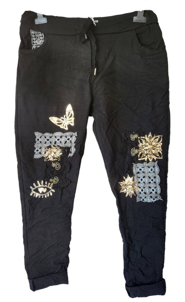 Stretchhose schwarz mit Schmetterlingen goldig, Gr. 38 - 42, 1x verfügbar