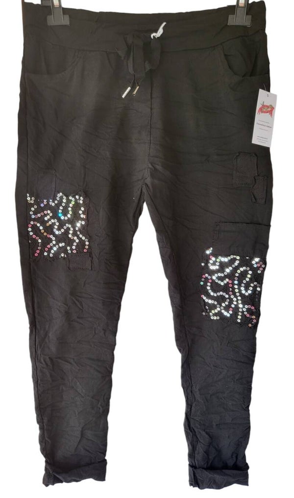 Stretchhose schwarz mit Pailletten, Gr. 38 - 42/44, 1x verfügbar