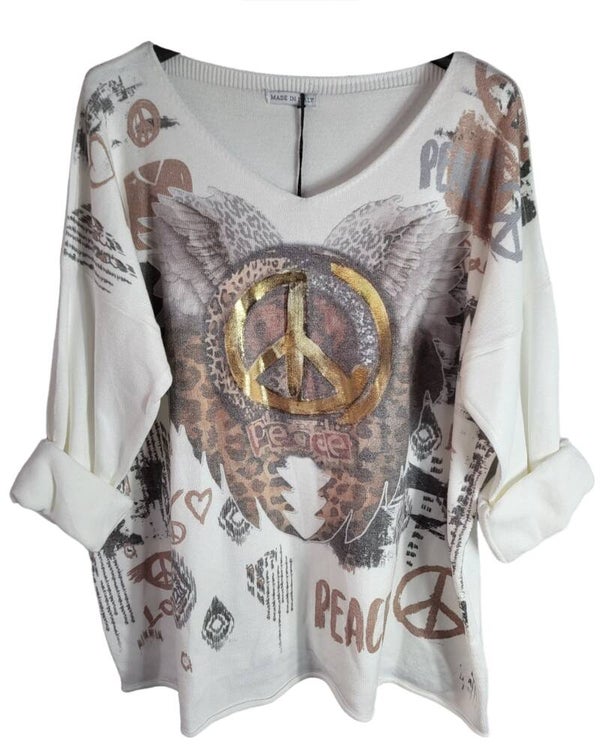 Pullover weiss "Peace", Gr. 38 - 42, 1x verfügbar