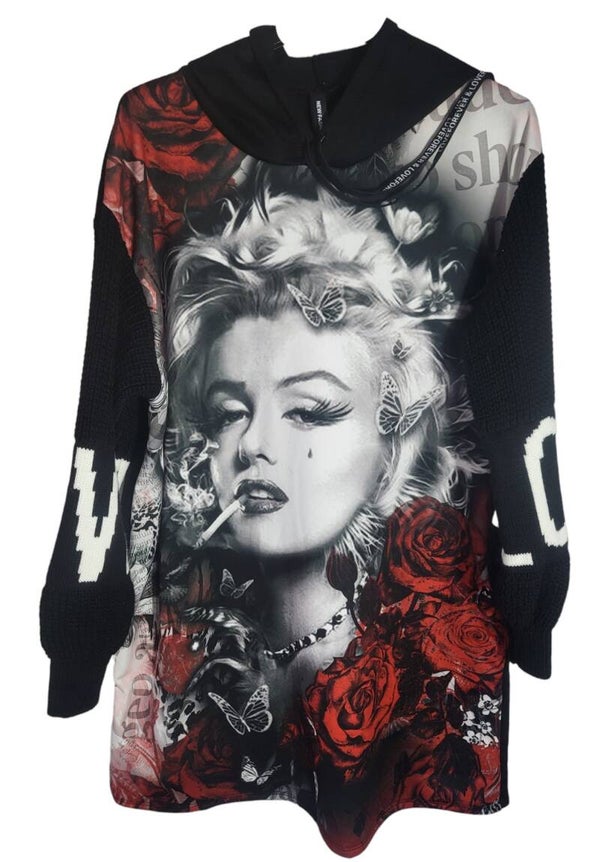 Longpullover schwarz/weiss "Marilyn mit Rosen", Gr. 38 - 42/44, 1x verfügbar