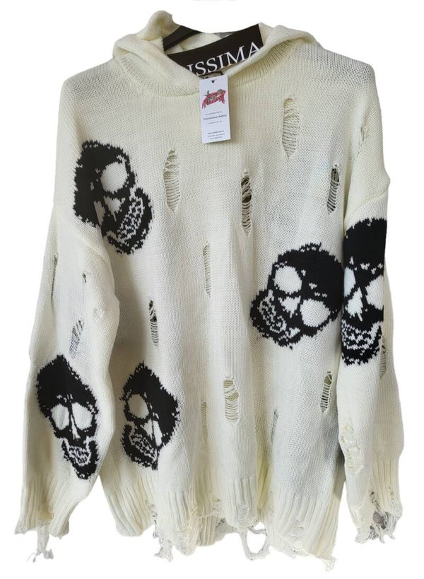 Strickpullover weiss "SKULL", GR. 40 - 42/44, 1x verfügbar