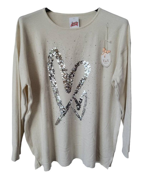 Pullover weiss mit Pailletten-Herzen, Gr. 40 - 42/44, 2x verfügbar