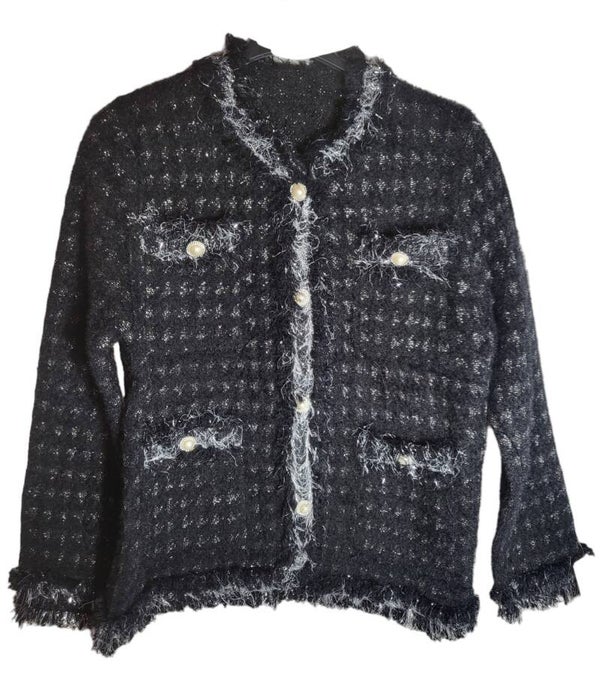 Boucle-Blazer schwarz/silber mit Perlen, Gr. 40 - 42/44, 1x verfügbar