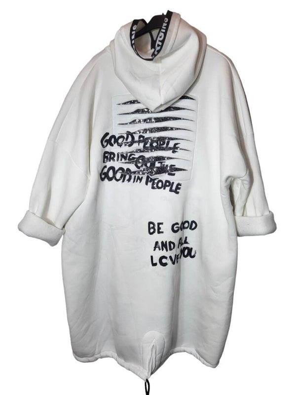 Hoodie weiss mit Kapuze und Schriftzug, Gr. 46/48 - 50/52, 1x verfügbar
