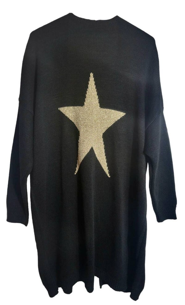 Cardigan schwarz mit gold Stern, Gr. one size (bis 44), 1x verfügbar