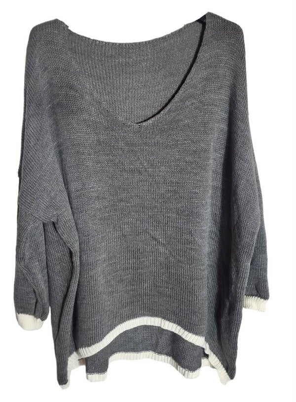 Strickpullover dunkelgrau mit weissem Absatz, Gr. 42/44 - 46, 1x verfügbar