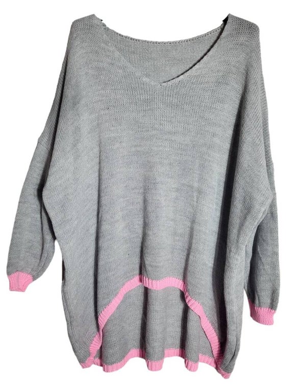 Strickpullover grau mit rose Absatz, Gr. 42/44 - 46, 1x verfügbar