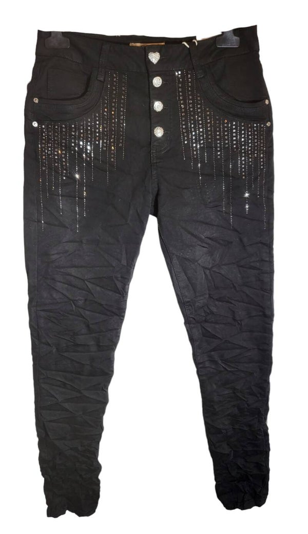 Stretchhose schwarz mit Wasserfall Glitzersteinchen, Gr. XS (34) - 1x verfügbar