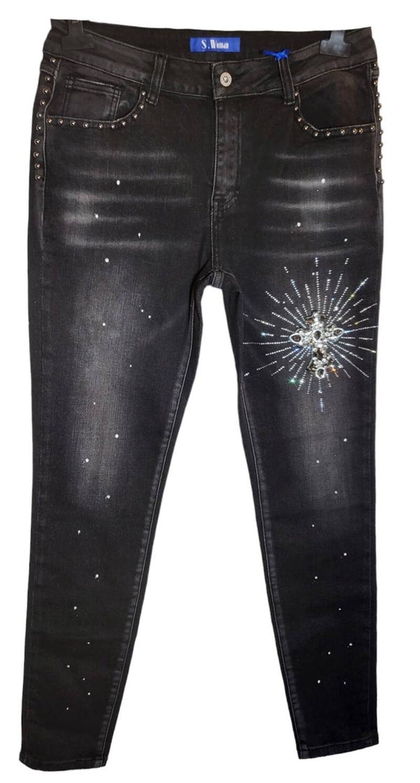 Jeans schwarz "bling bling Kreuz", Gr. L (42/44), 1x verfügbar