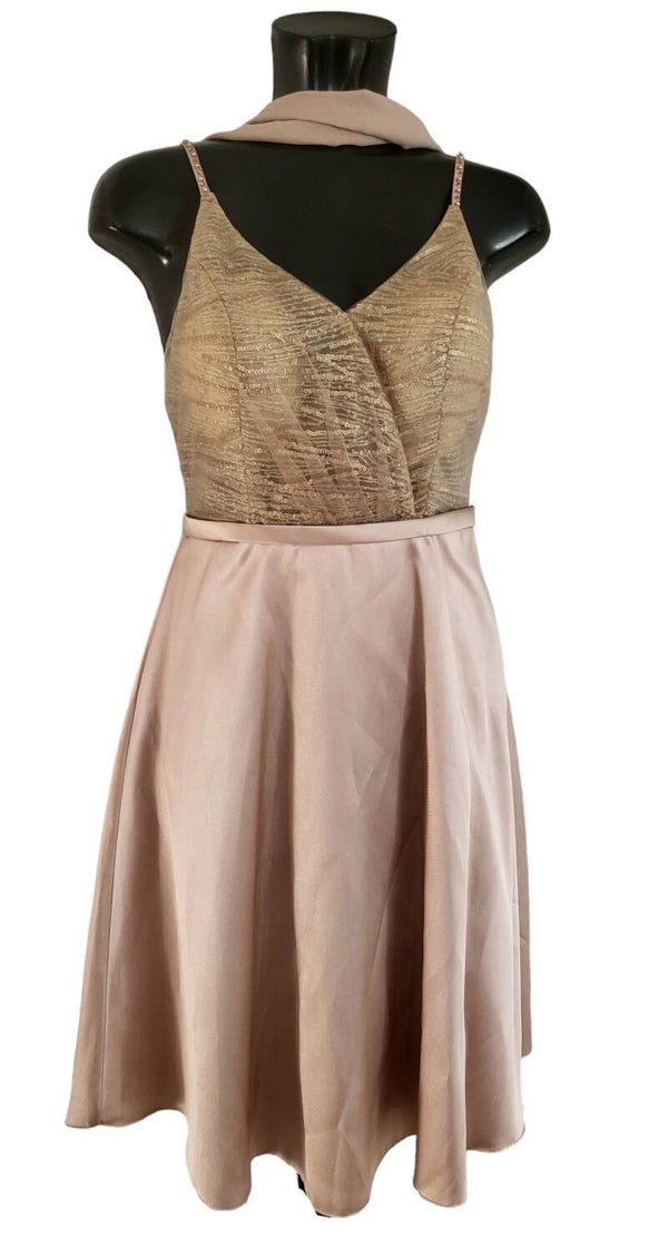 Abendkleid cammel kurz mit Stola, Gr. M (38) - 1x verfügbar