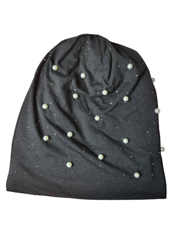Beanie schwarz mit Perlen & Glitzersteinchen, Gr. onesize, 1x verfügbar