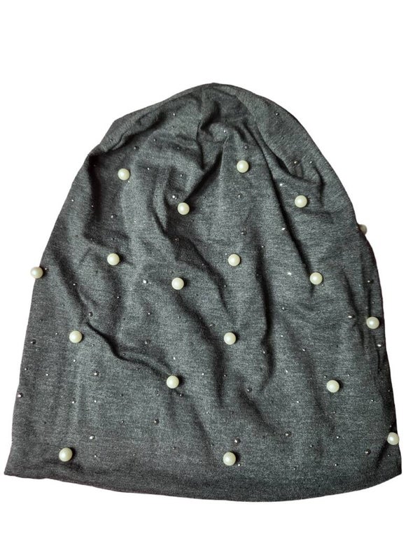 Beanie dunkelgrau mit Perlen & Glitzersteinchen, Gr. onesize, 1x verfügbar