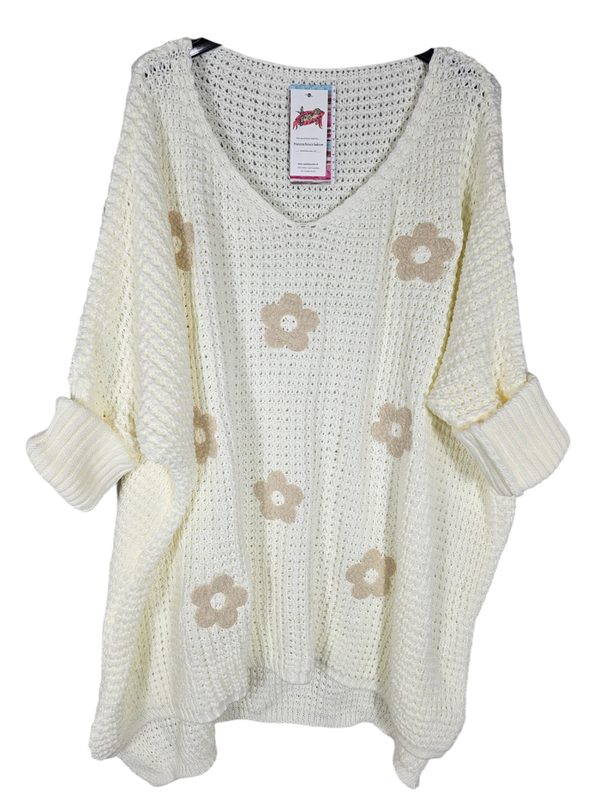 Strickpullover cremeweiss "Blume", Gr. 44 - 50, 2x verfügbar