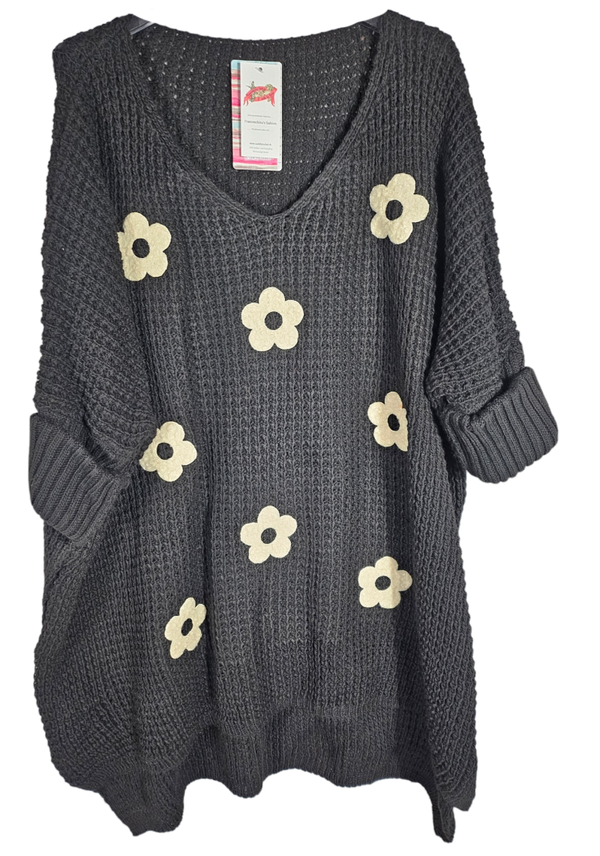 Strickpullover schwarz "Blume", Gr. 44 - 50, 2x verfügbar