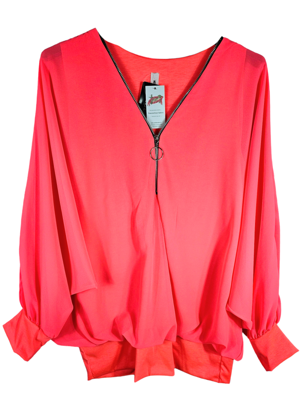 Fledermausshirt langarm neon pink mit Reissverschluss, Gr. 46 - 50, 1x verfügbar
