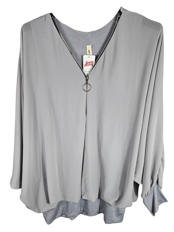 Fledermausshirt langarm grau mit Reissverschluss, Gr. 46 - 50, 1x verfügbar