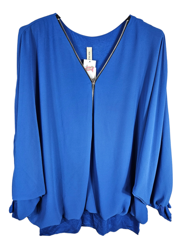 Fledermausshirt langarm blau mit Reissverschluss, Gr. 46 - 50, 1x verfügbar