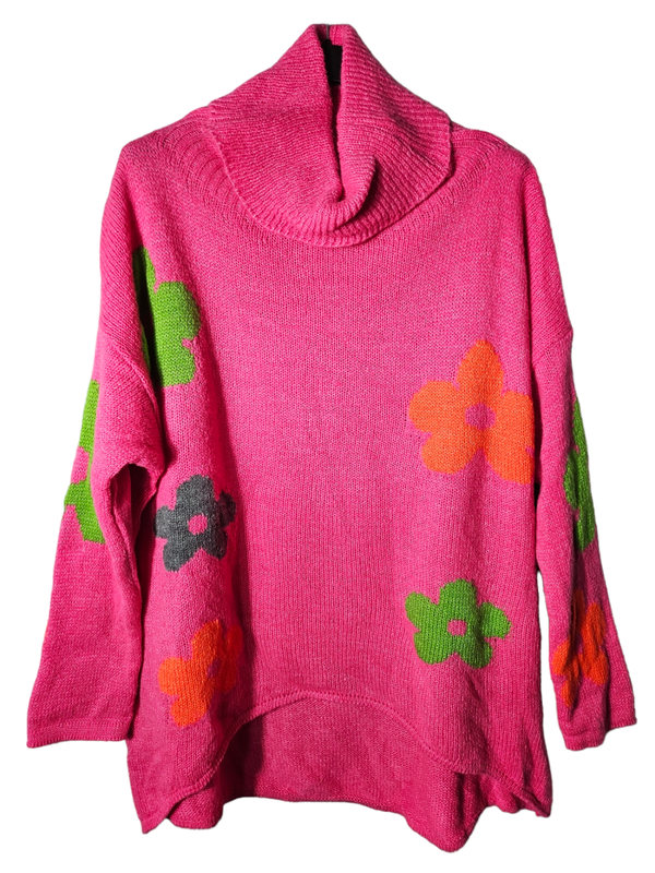 Rollkragen - Strickpullover pink mit Blumen, Gr. 44 - 46, 1x verfügbar