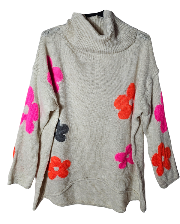 Rollkragen - Strickpullover beige mit Blumen, Gr. 44 - 46, 1x verfügbar