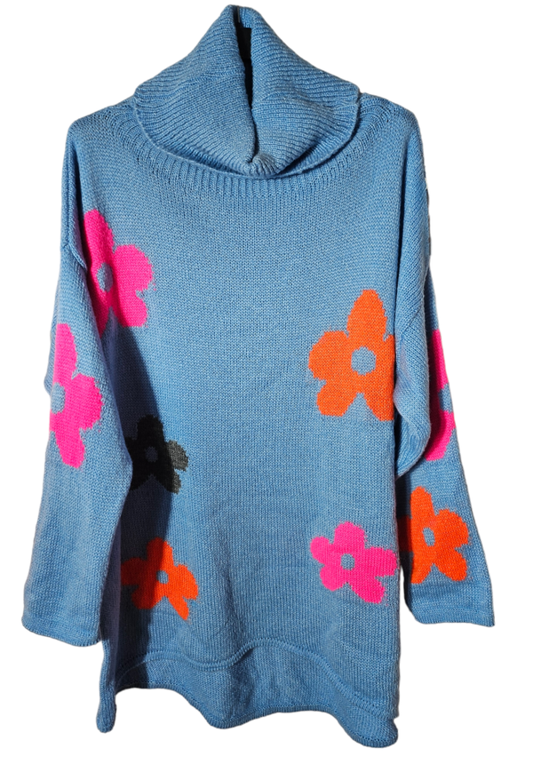 Rollkragen - Strickpullover himmelblau mit Blumen, Gr. 44 - 46, 1x verfügbar