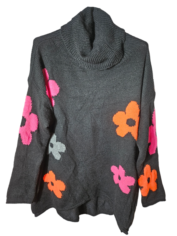 Rollkragen - Strickpullover schwarz mit Blumen, Gr. 44 - 46, 1x verfügbar