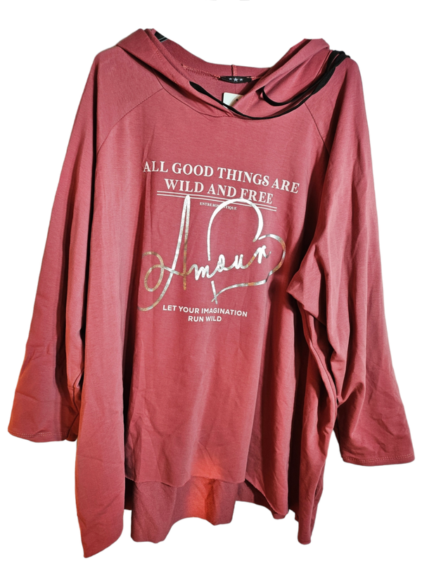 Kapuzensweatshirt dunkles altrosa "All good things...", Gr. 46 - 50, 1x verfügbar