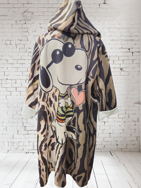 Longblazer mit Kapuze "Snoopy getigert" Onesize bis Grösse 44/46, Velours