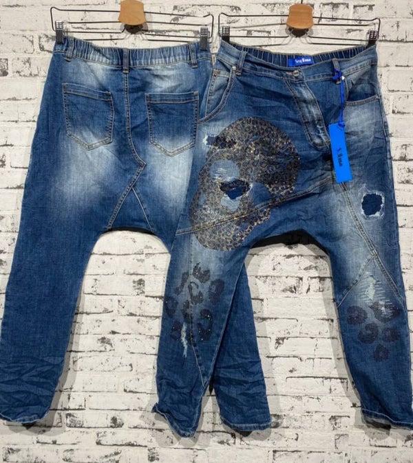 Jeans baggy harem mit Totenkopf schwarz/braun, Gr. M (38/40) - 1x verfügbar