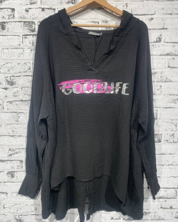 Kapuzenshirt schwarz "Good life", Gr. 38 - 44, 1x verfügbar