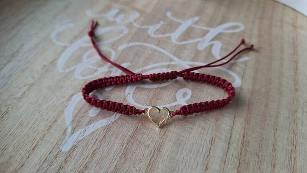 Makramee Armband dunkel rot, Herz gold