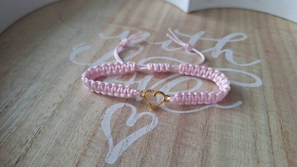 Makramee Armband rosa, Herz gold