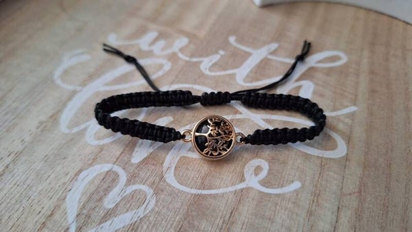 Makramee Armband schwarz, Lebensbaum gold