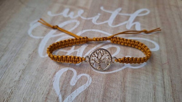 Makramee Armband braun, Lebensbaum gold