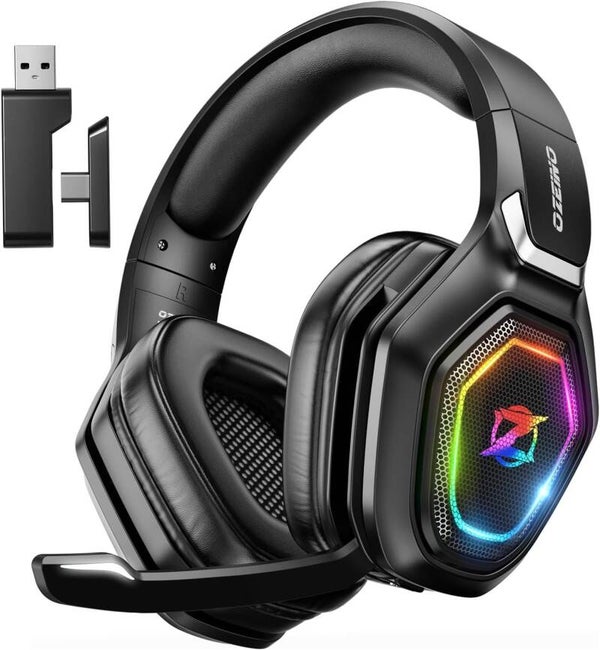 Ozeino Kabelloses Gaming-Headset mit Mikrofon, 2,4 G & Typ-C-Sender, 30 Stunden Akkulaufzeit, RGB-Beleuchtung Gaming-Kopfhörer für PS5, PS4, PC, Telefon