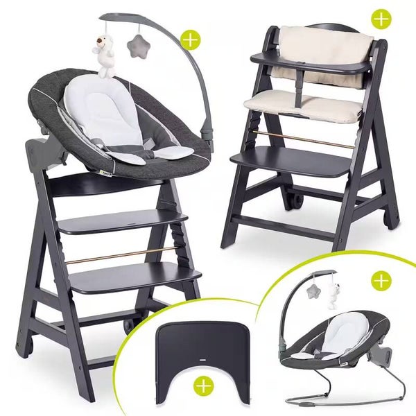 Hochstuhl Beta Plus Dark Grey - Newborn Set Deluxe Holz Babystuhl ab Geburt mit Neugeborenenaufsatz, Sitzkissen, Essbrett